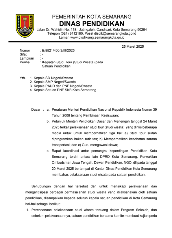 Kegiatan Studi Tour (Studi Wisata) pada Satuan Pendidikan